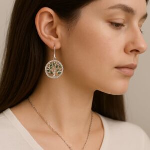 "Tree of Life silver jewelry set with green and clear crystals – pendant and matching earrings"