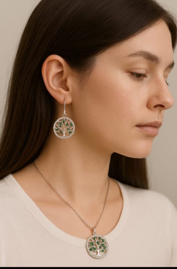 "Tree of Life silver jewelry set with green and clear crystals – pendant and matching earrings"